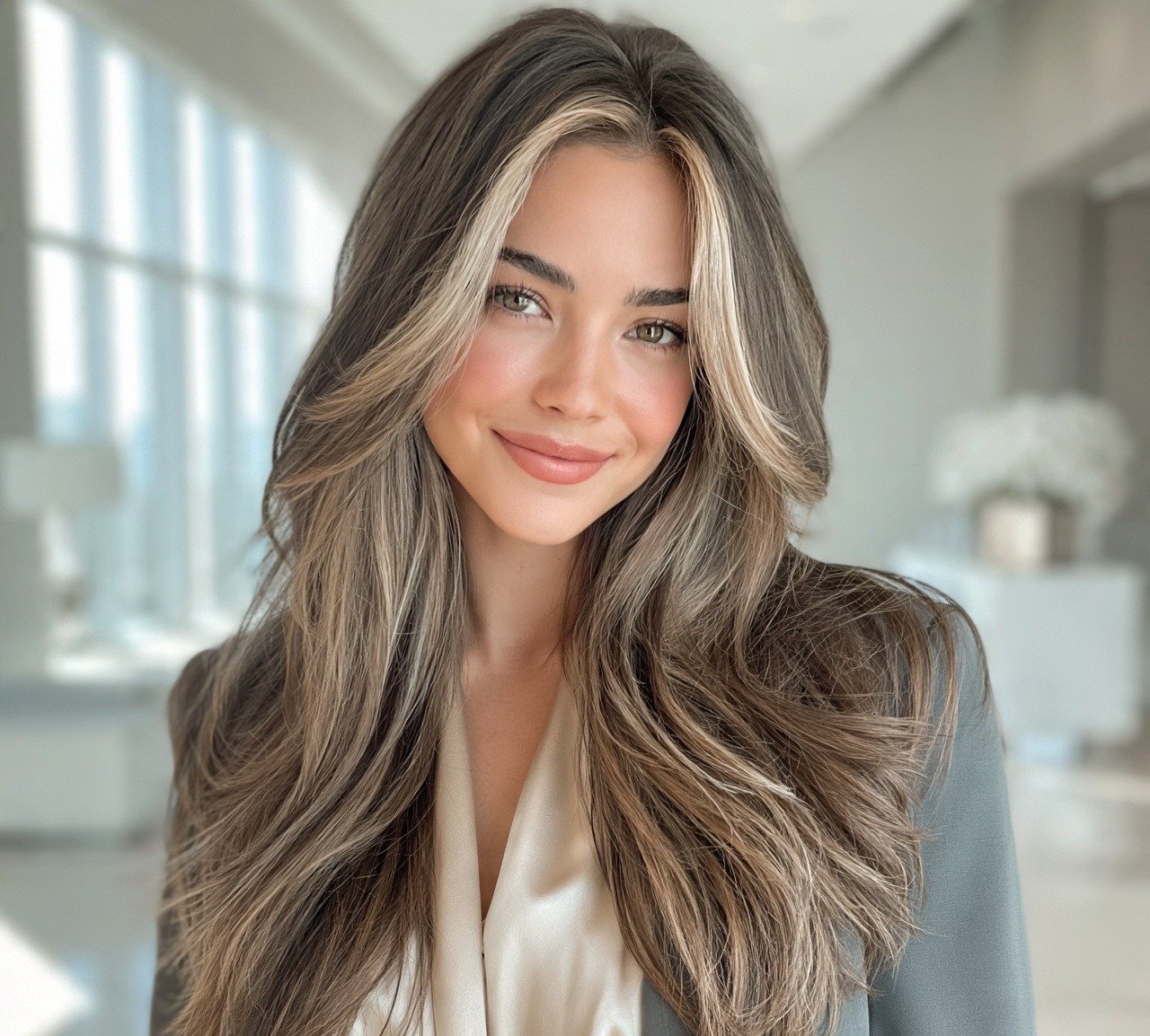 14. Ash Brown with Money Piece Highlights Hair Color