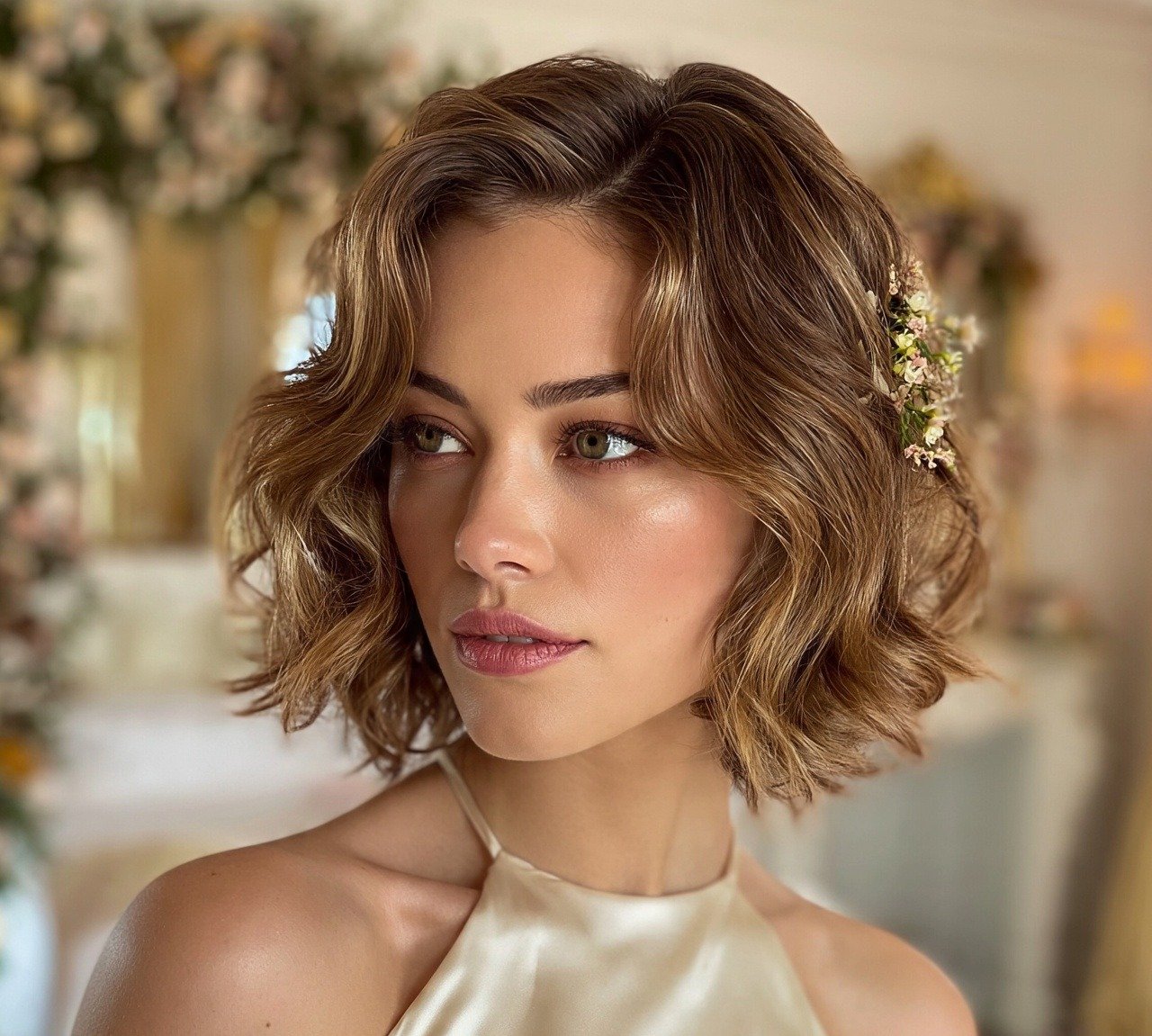 16 Trending Hairstyles for Short Hair for Wedding Day 15 14. Flower Adorned Waves Hairstyles For Short Hair For Wedding