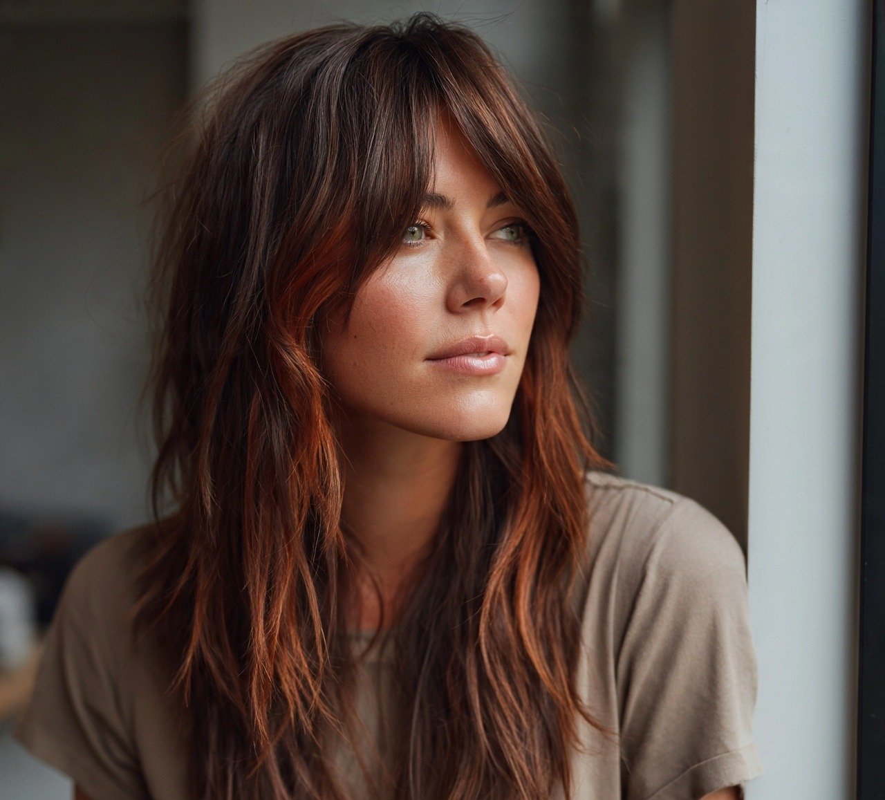 3. Copper Balayage Shag Hair Color and Cut cropped