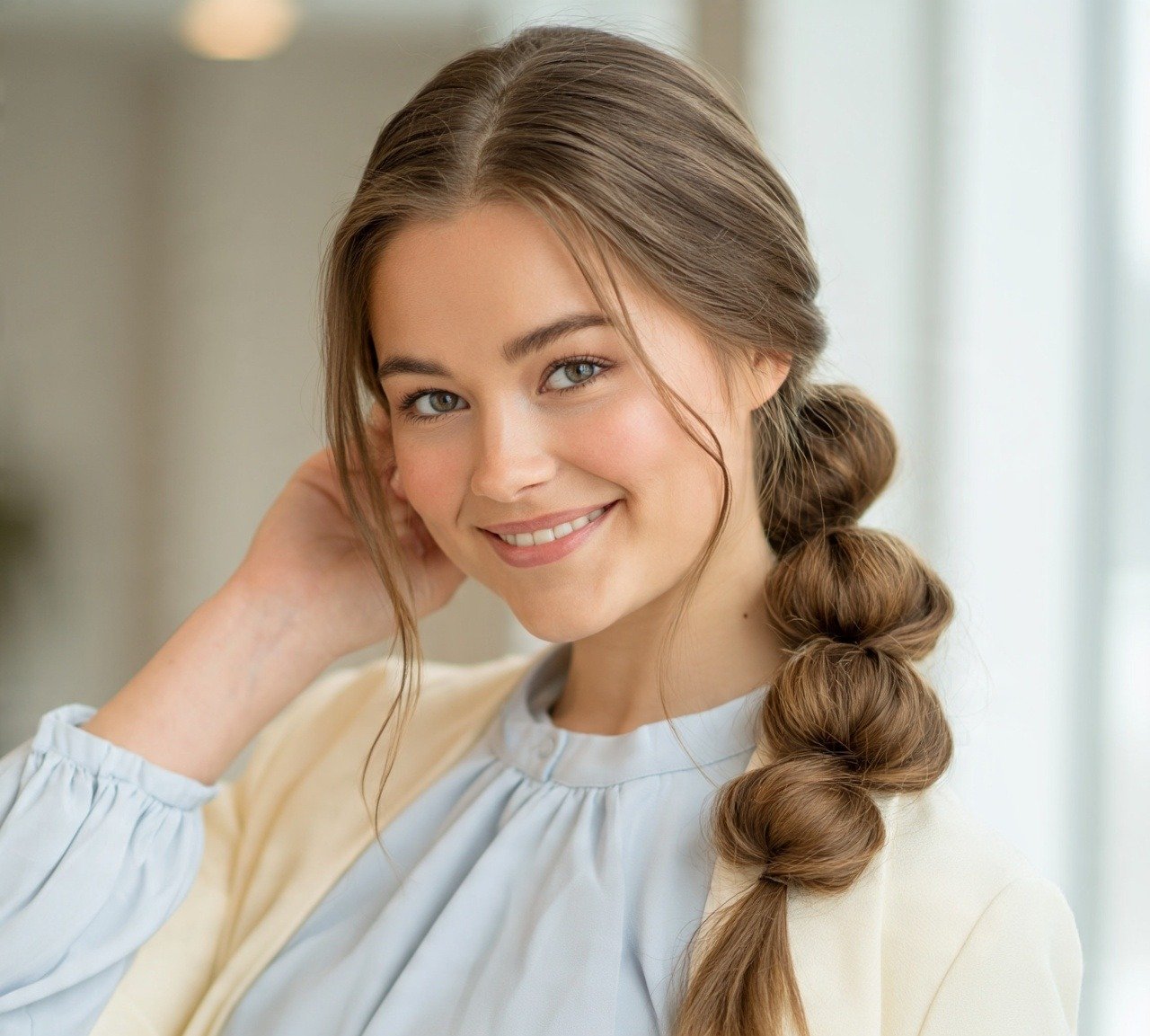 Ponytail Hairstyles With Braids: 13 Trending Ideas That Are Worth Trying 8 7. Braided Bubble Ponytail Hairstyles