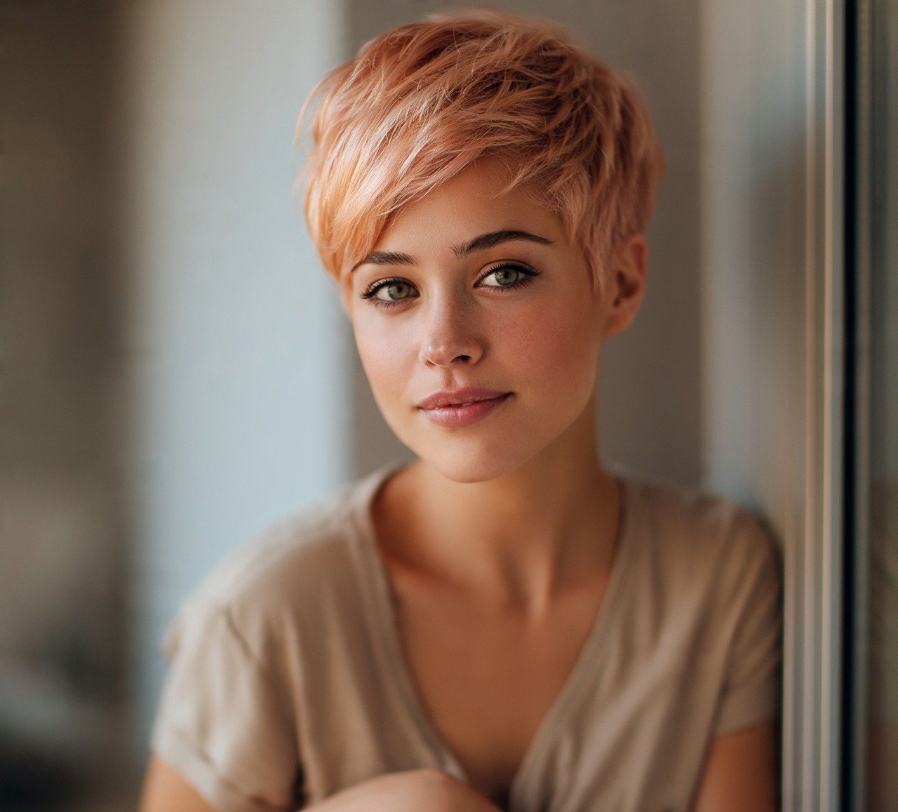 7. Rose Gold Pixie Hair Color and Cut cropped