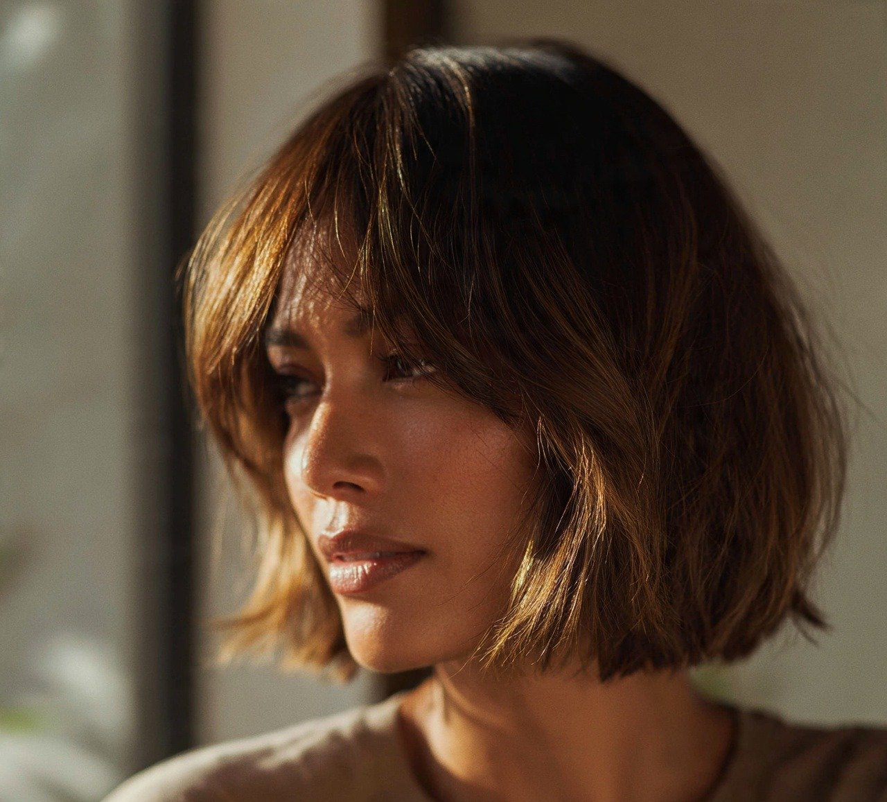 8. Caramel Balayage Curtain Bangs Bob Hair Color and Cut cropped