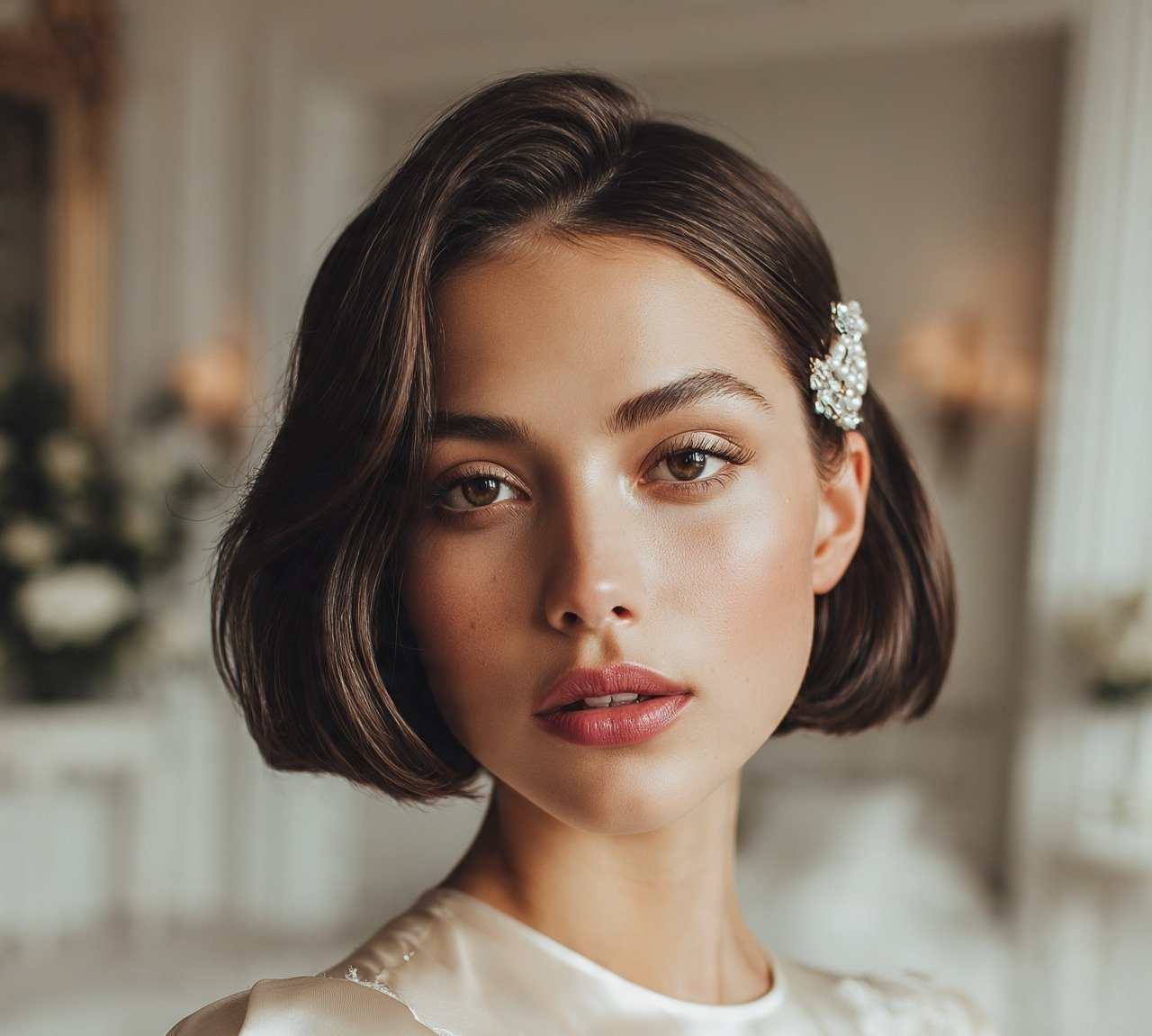 16 Trending Hairstyles for Short Hair for Wedding Day 9 8. Pinned Back Bob with Accessory Hairstyles For Short Hair For Wedding