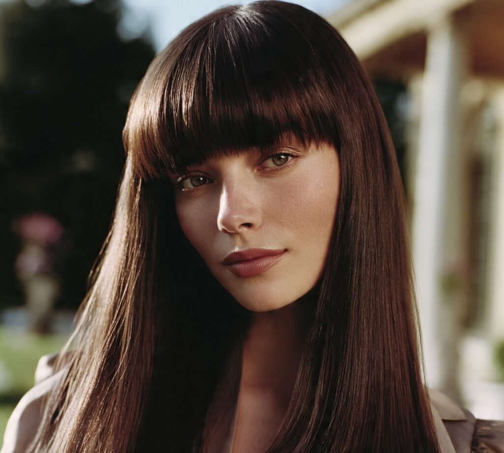 14 Best Long Face Hairstyles for Women to Soften and Balance Facial Features 2 Blunt Full Fringe
