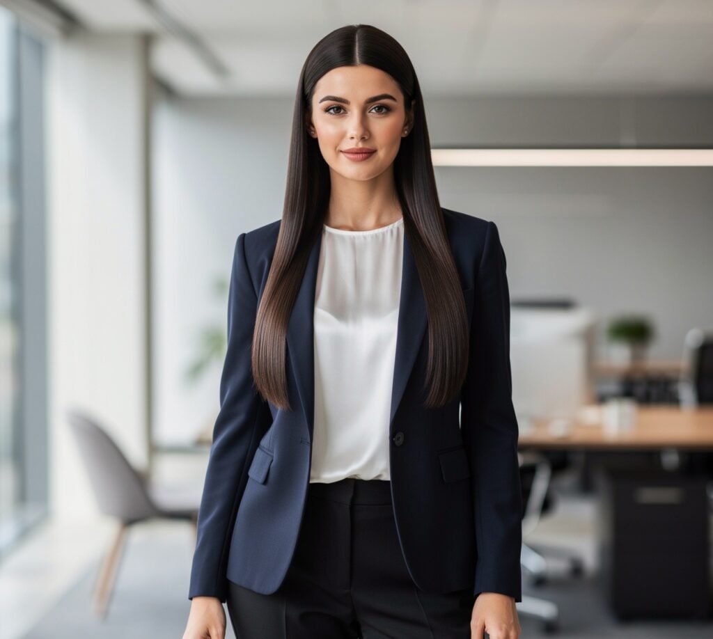 Best Work Hairstyles for Long Hair: 16 Chic & Office-Ready Looks 7 Center Part Sleek Style