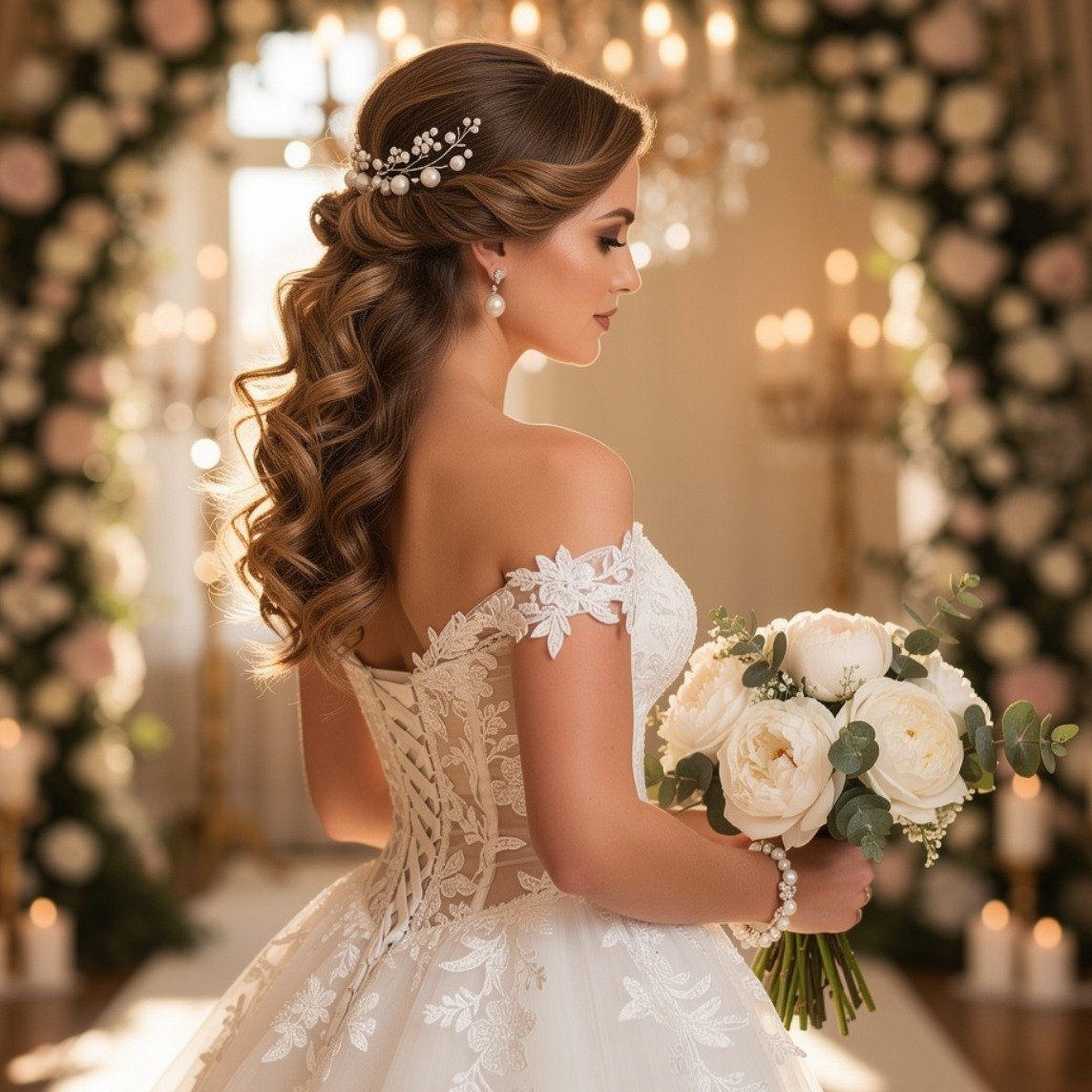 Curly Bridal Half Up With Pearl Accessories