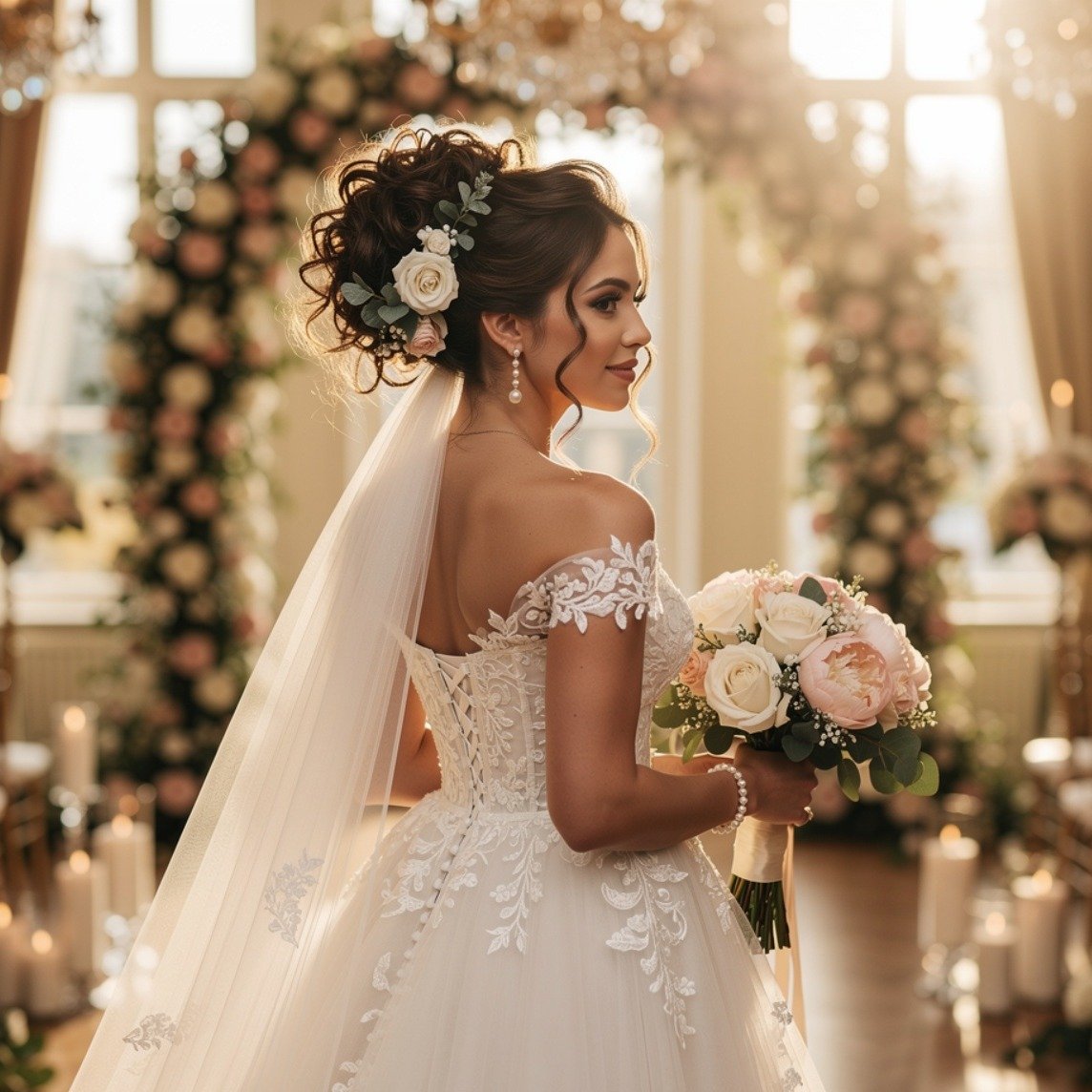 Curly Bridal Updo With Floral Pins