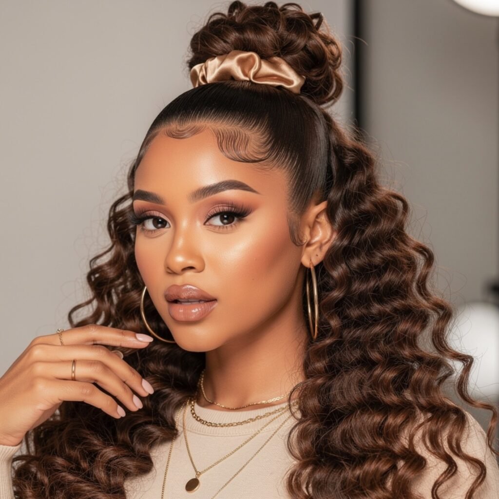 15 Gorgeous Hairstyles for Long Curly Hair for Every Occasion 3 Curly Half Up Top Knot