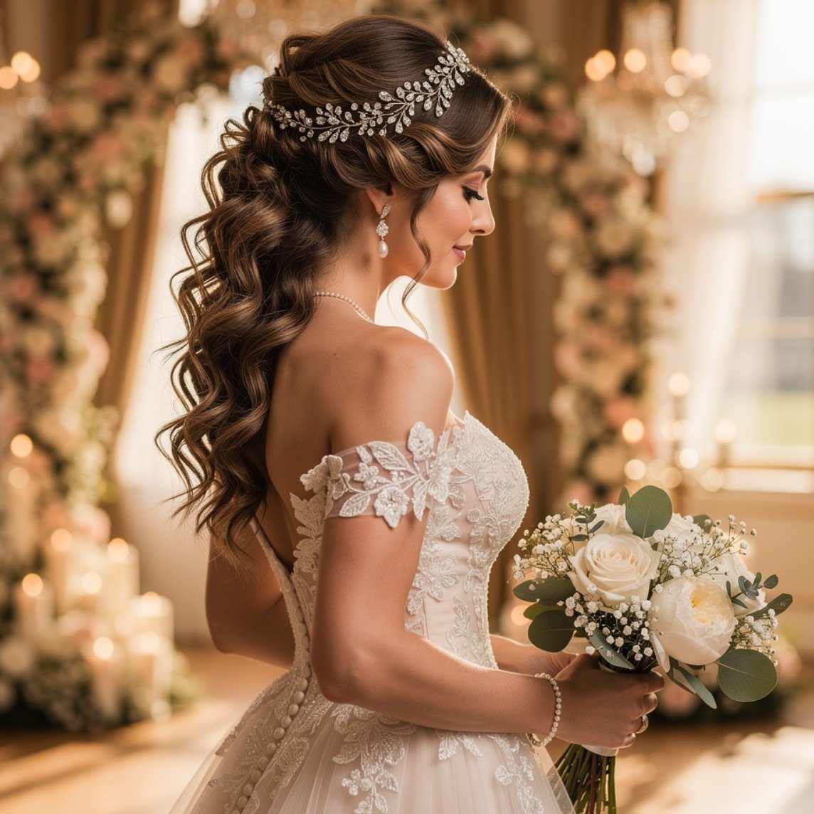 Curly Wedding Hairstyle With Headpiece