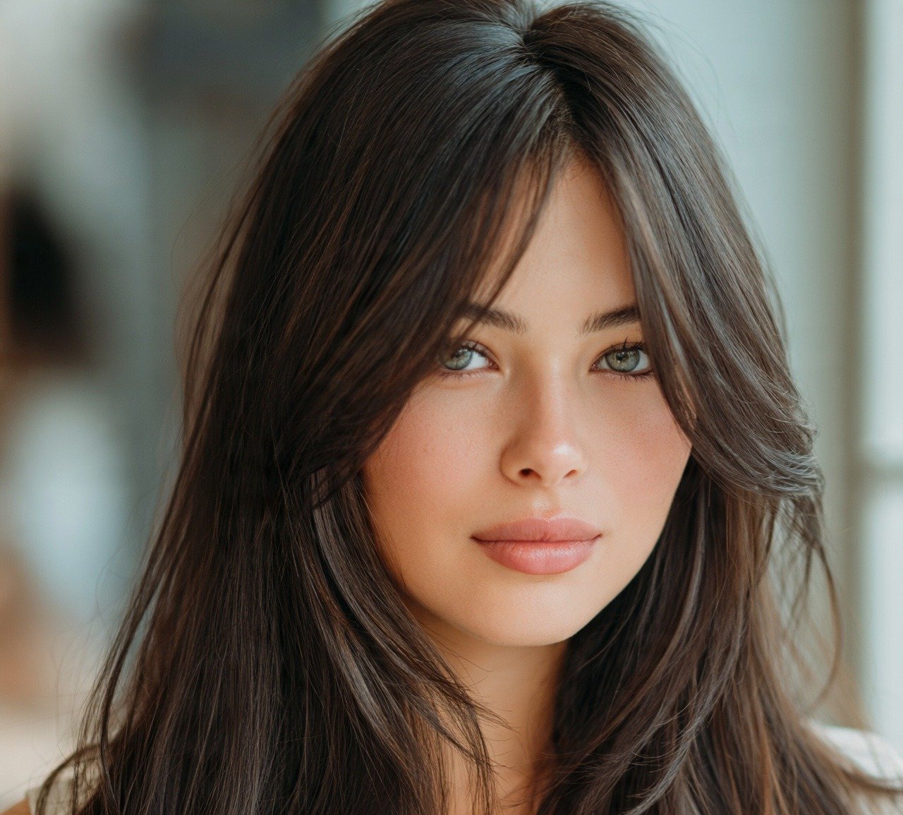 Curtain Bangs with Long Layers for round face