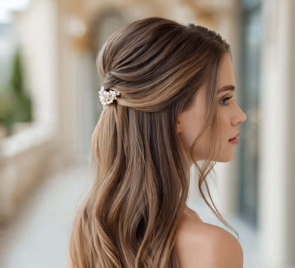 Elegant Hairstyles for Long Hair: 15 Beautiful Styles for Every Occasion 9 Half Up Style with Pearl or Jeweled Pin