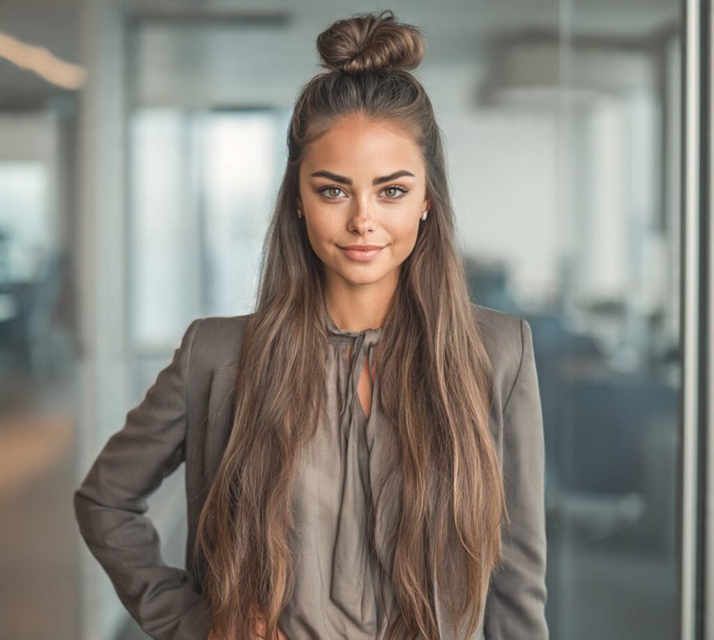 Best Work Hairstyles for Long Hair: 16 Chic & Office-Ready Looks 15 Half Up Top Knot