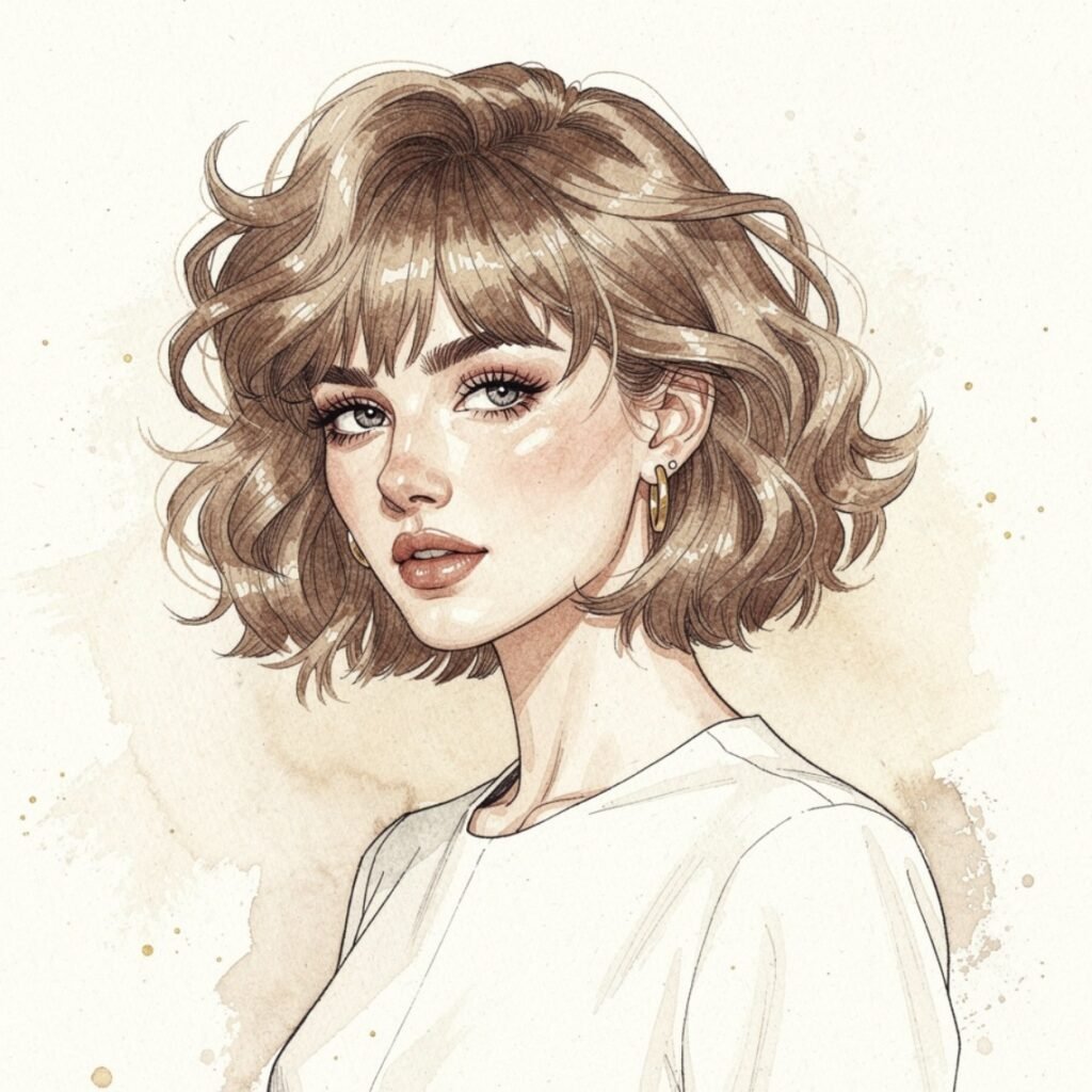 Illustrated Curly Shag Cut