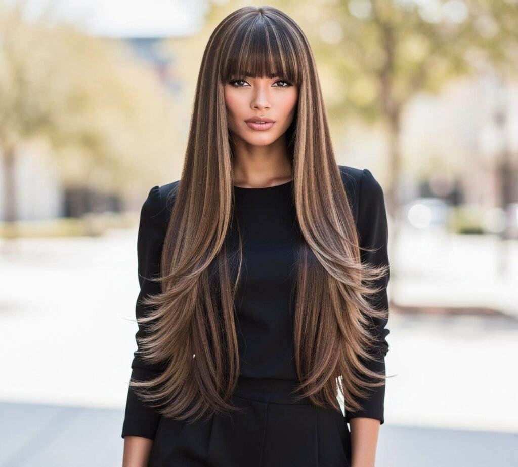 15 Best Long Hairstyles with Layers That Are Trending Right Now 8 Layered Straight Hair with Curtain Bangs