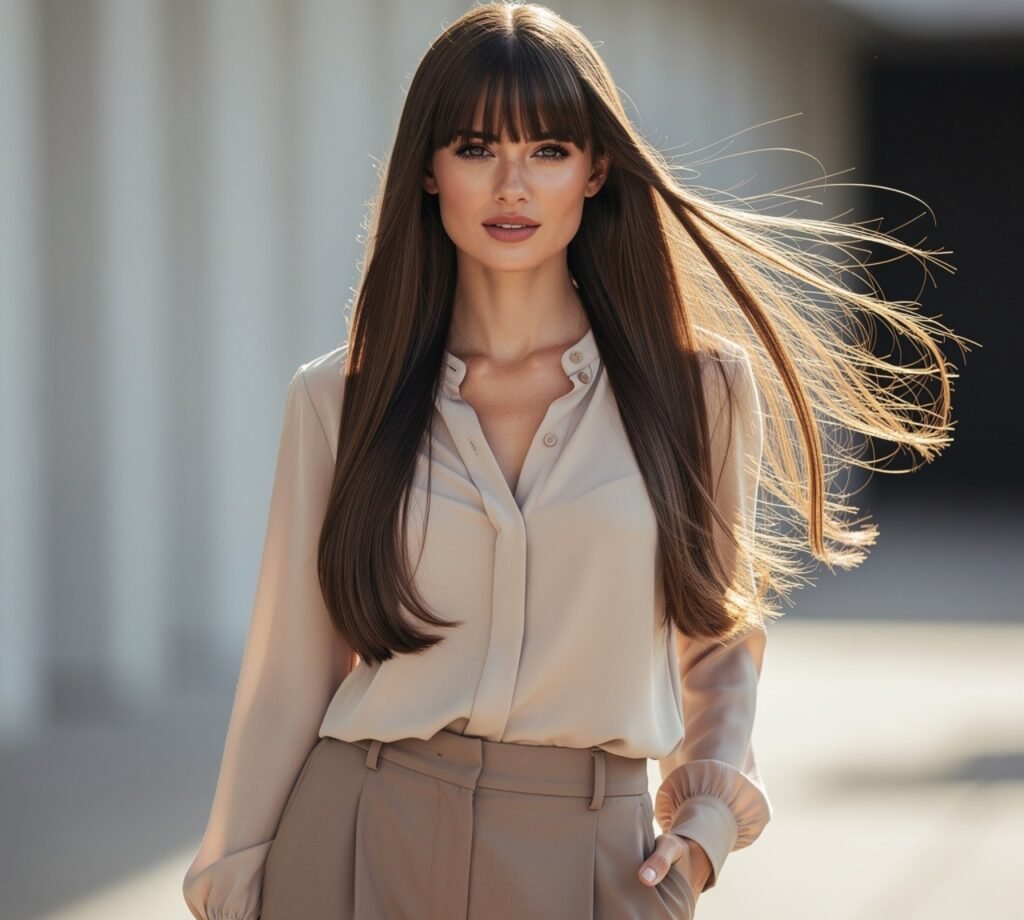 Long Hair with Parted Fringe Bangs