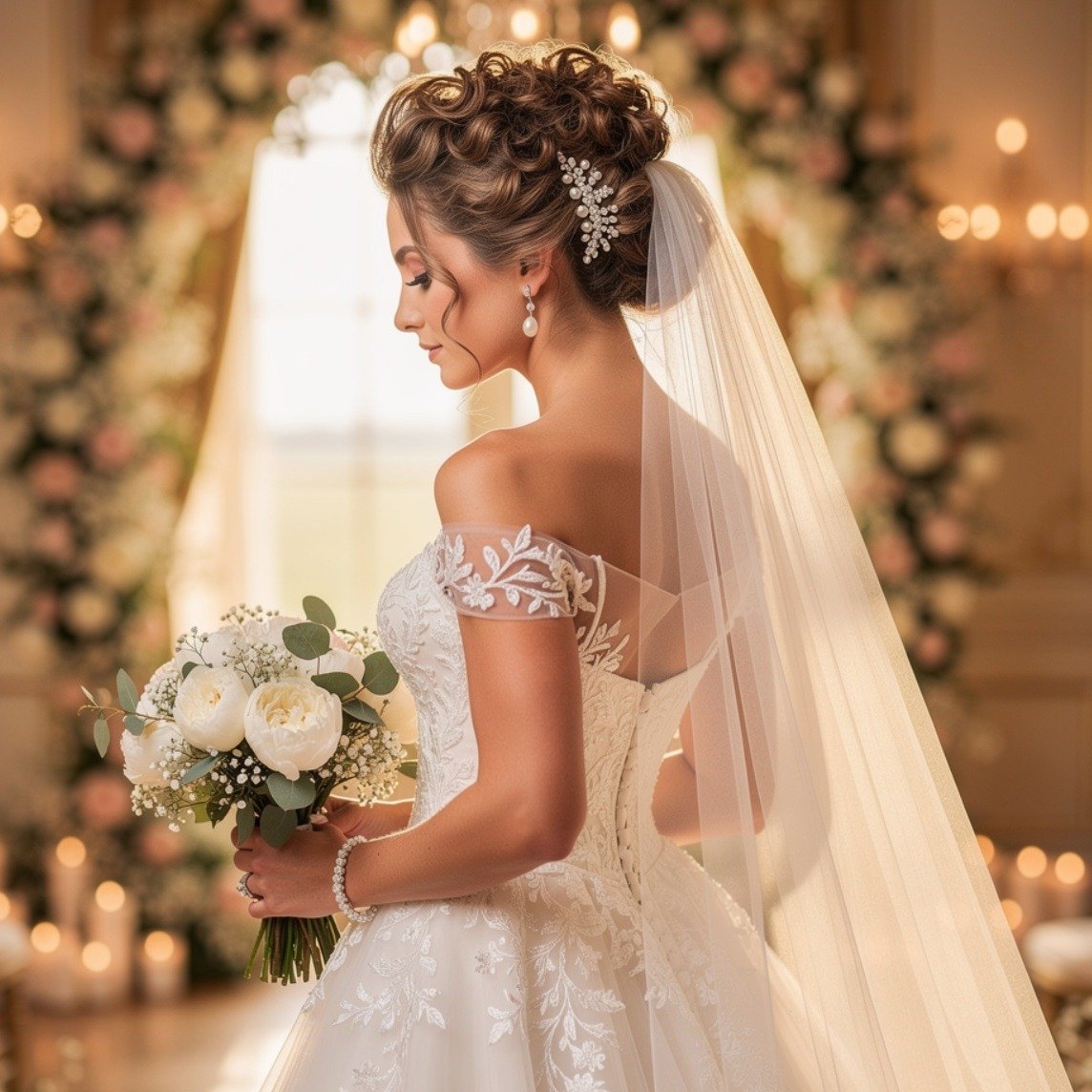 Natural Curly Bridal Updo With Veil