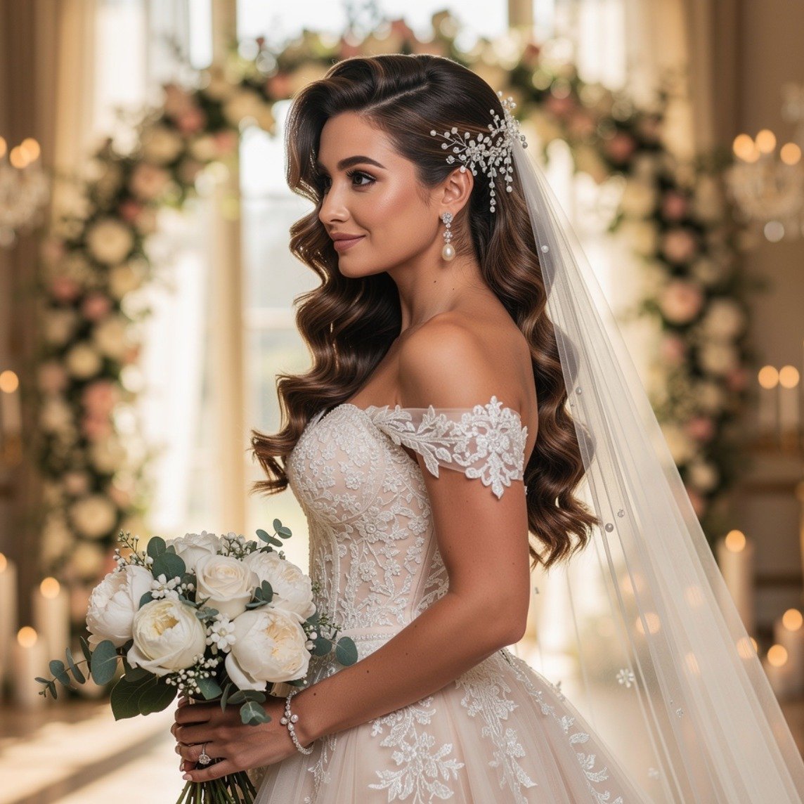 Romantic Side Swept Curly Wedding Style