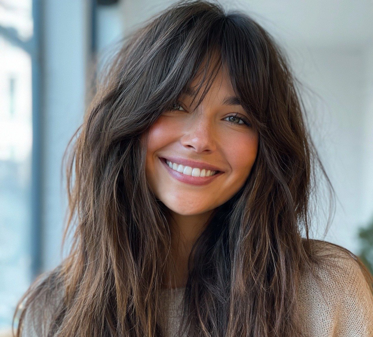 Shag with Curtain Bangs For Cute Long Hairs