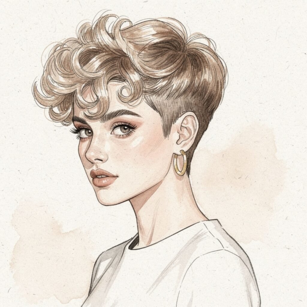 Sketched Curly Pixie Crop