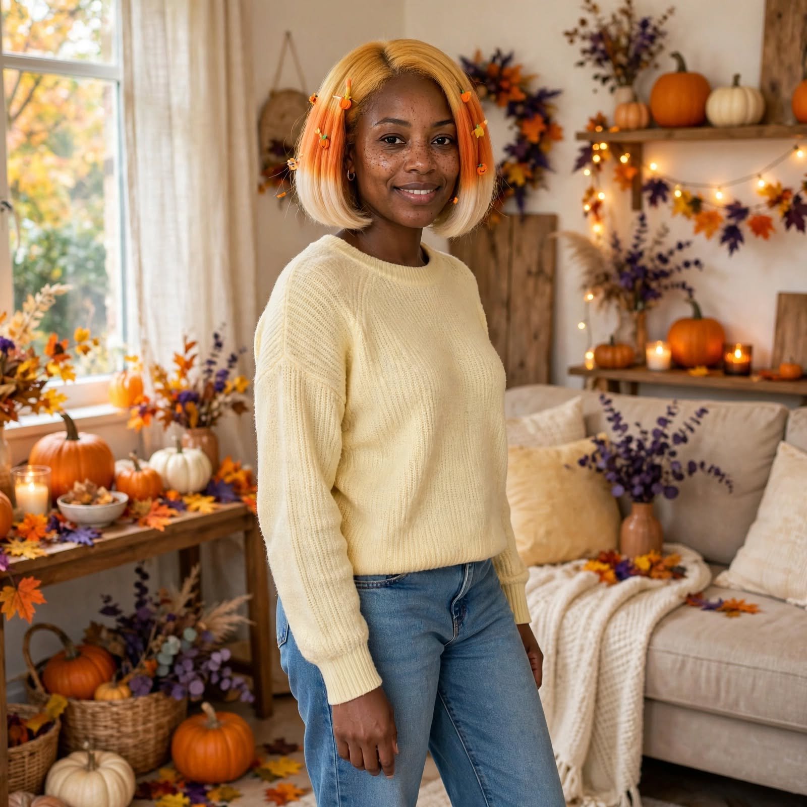 11. Candy Corn Color Block Bob Halloween Hairstyles Black Women