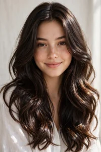 Hairs Blooming : Inspiration For Your Daily Routine Hair Ideas 16 Woman with long layered brunette hair with soft face-framing layers