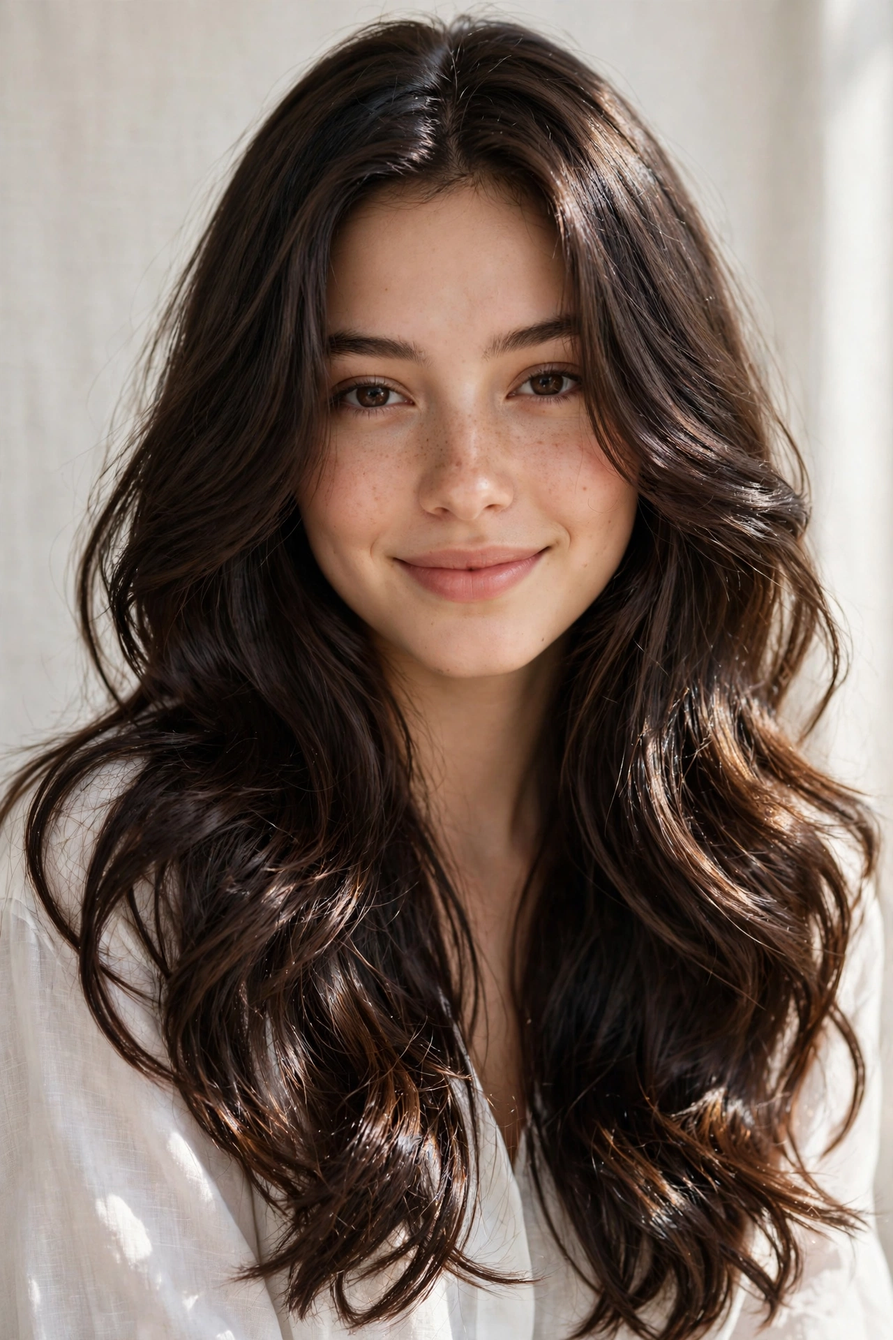 Woman with long wavy brunette hair