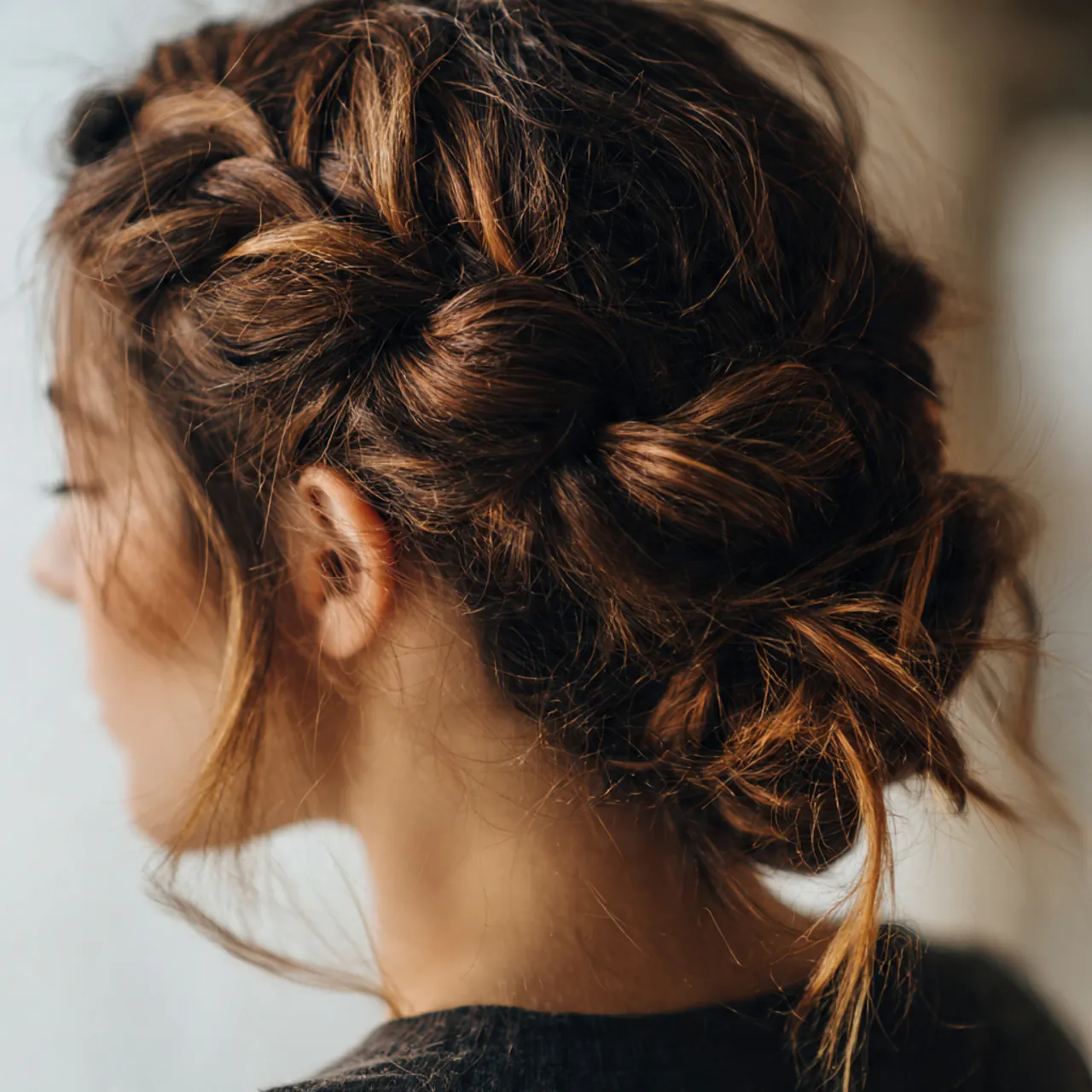 a single photo of a messy crown braid hairstyle on