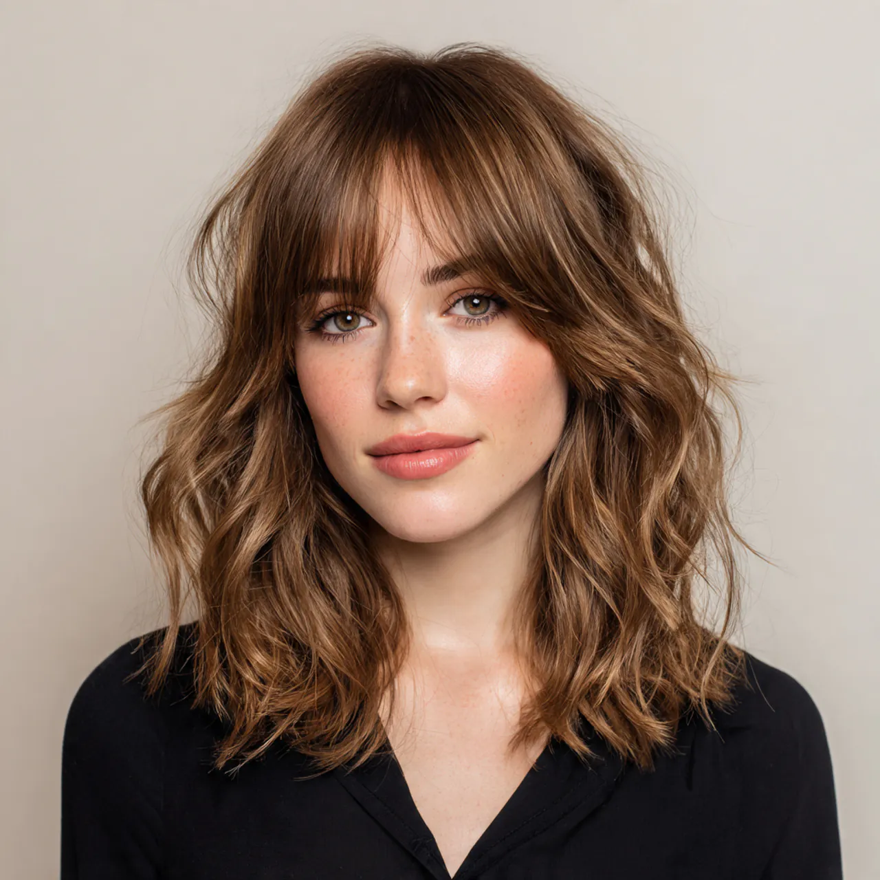 a single portrait of a woman with a wavy lob hairs
