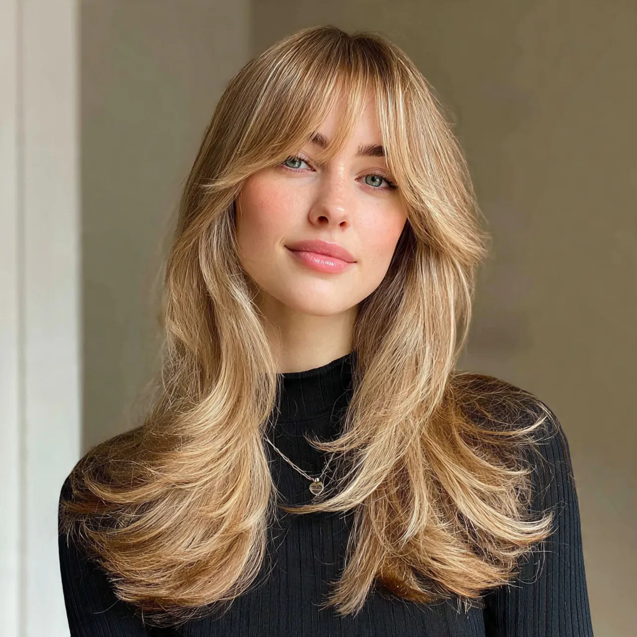 classic hairstyle for long curtain bangs