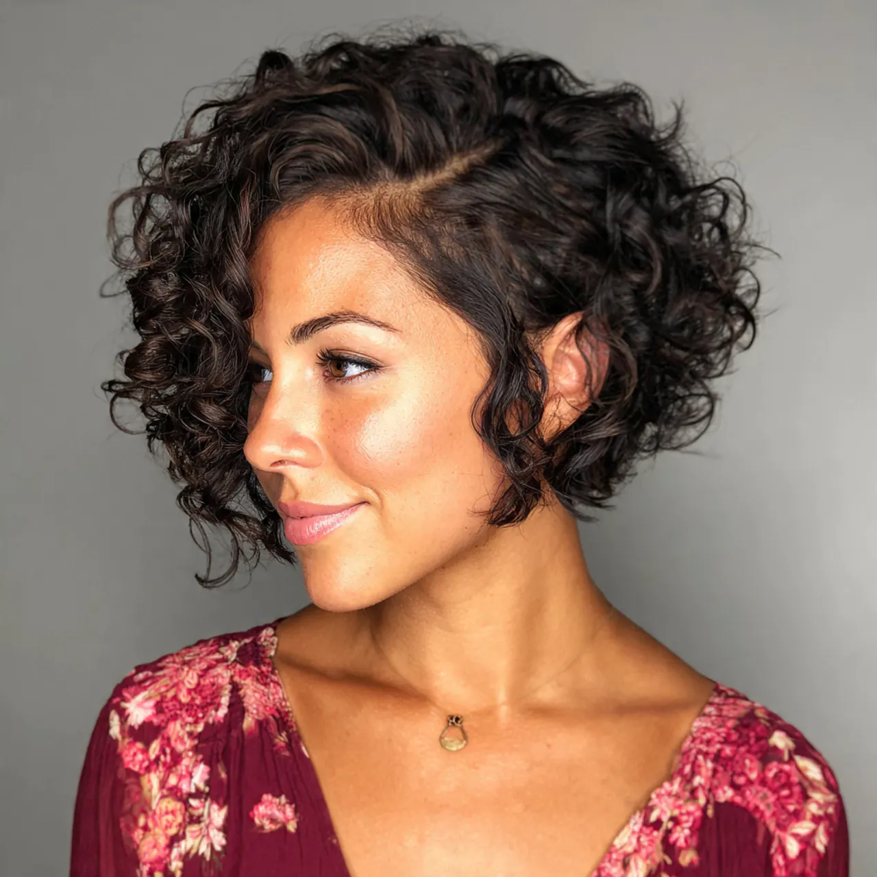 curly bob with deep side part hairstyle