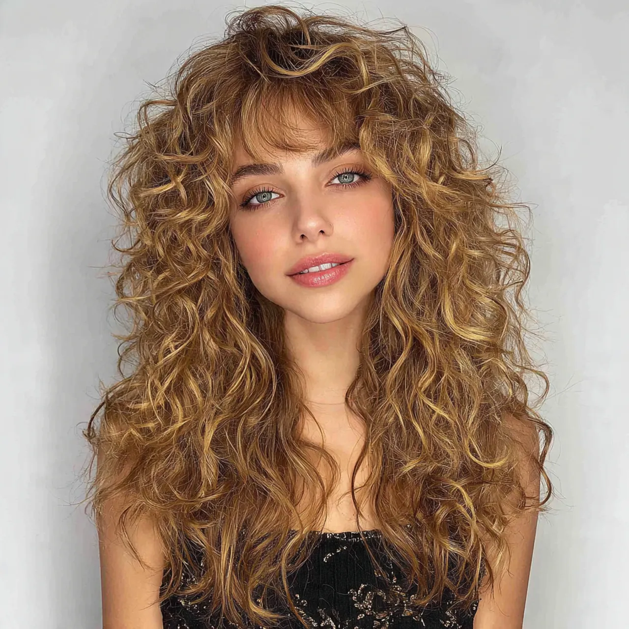 curly curtain bangs with layers hairstyle