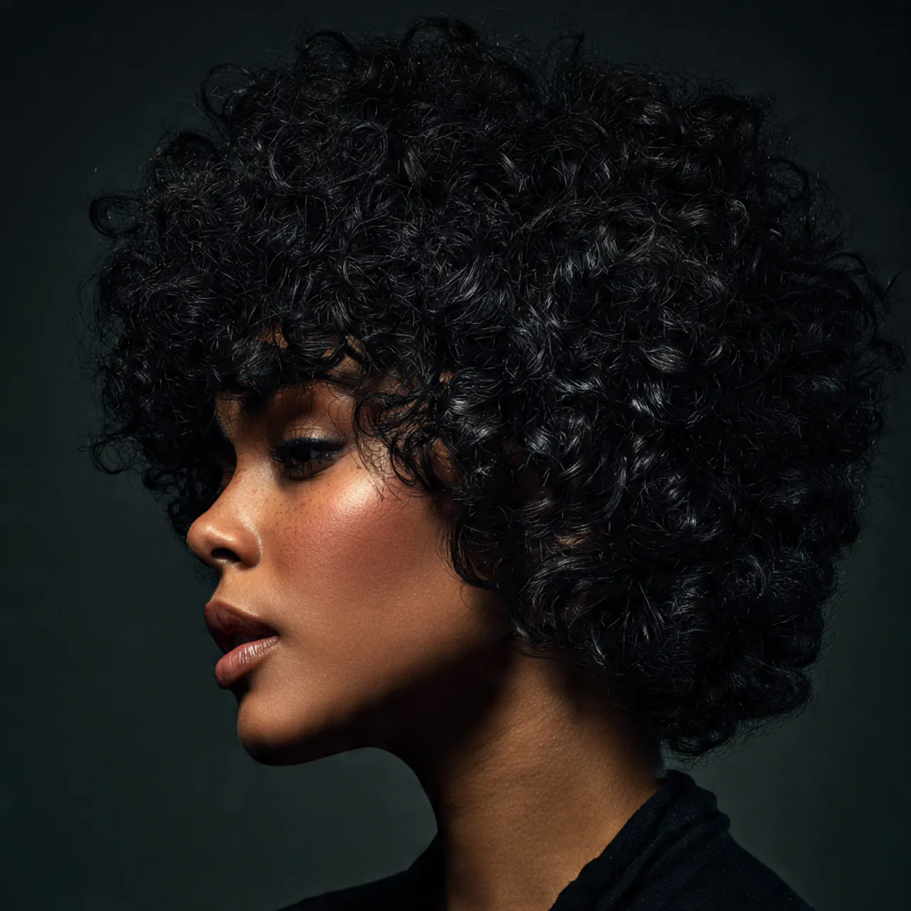 curly puff hairstyle single portrait studio lighti