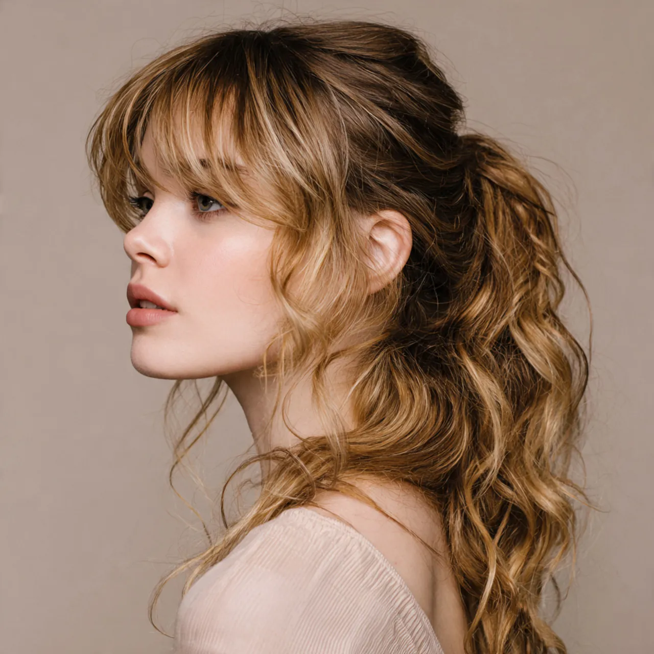 curtain bangs wavy ponytail hairstyle single portr