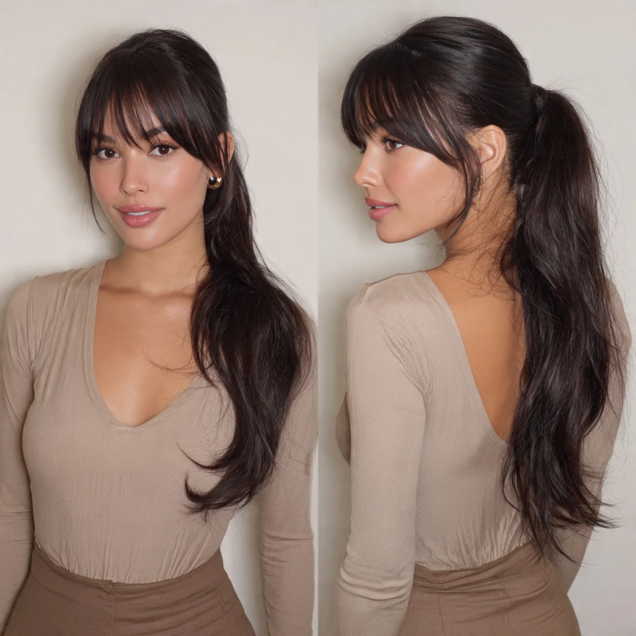 Curtain Bangs Long Hair: 13 Trending Stylish Ideas to Try 12 curtain hairbangs with sleek ponytail