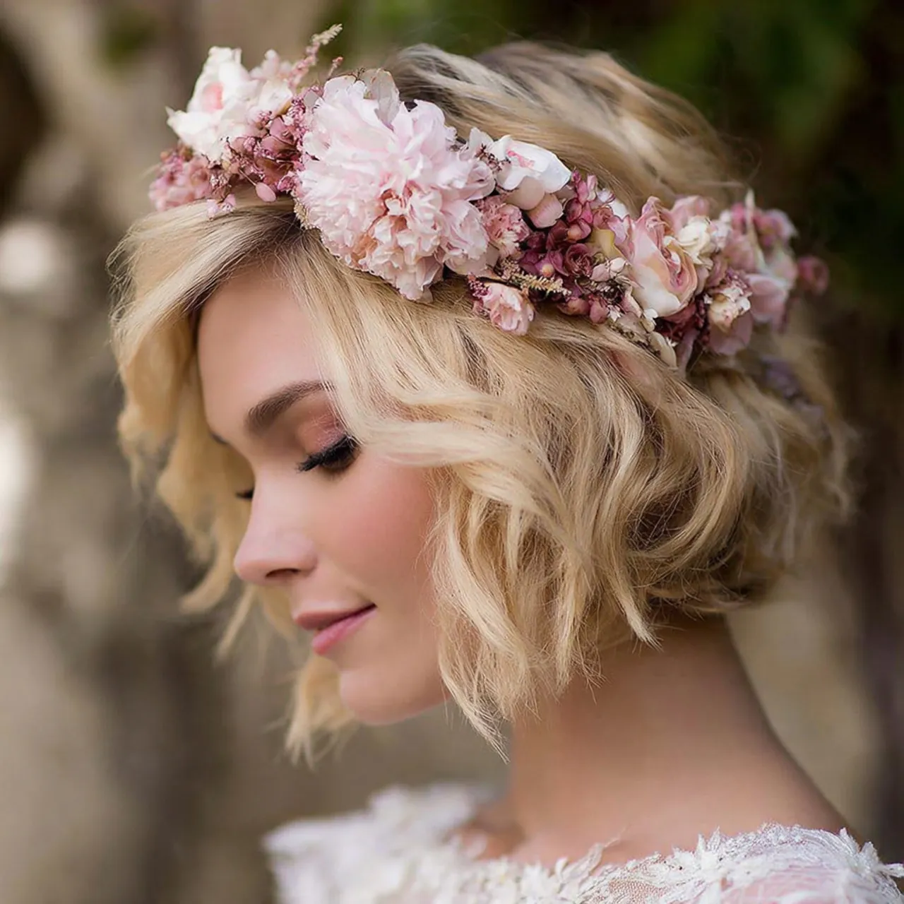 13 Trending Wedding Hairstyles for Short Hair: Elegant Ideas 6 floral crown wedding hairstyles for short hair