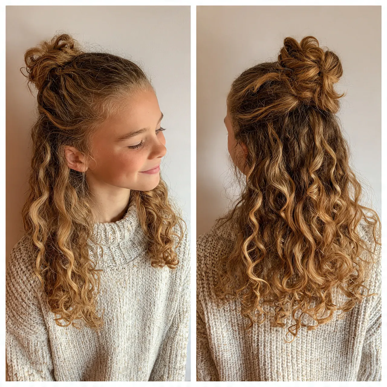 half up curly bun for school