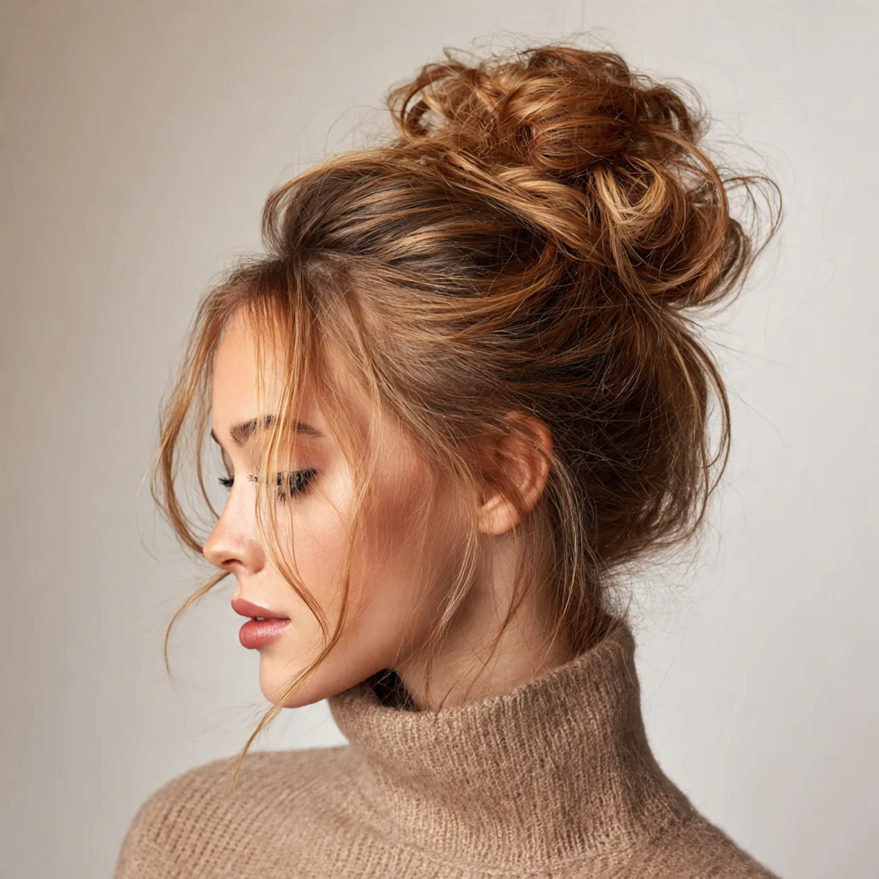 high messy bun hairstyle single woman with elegant