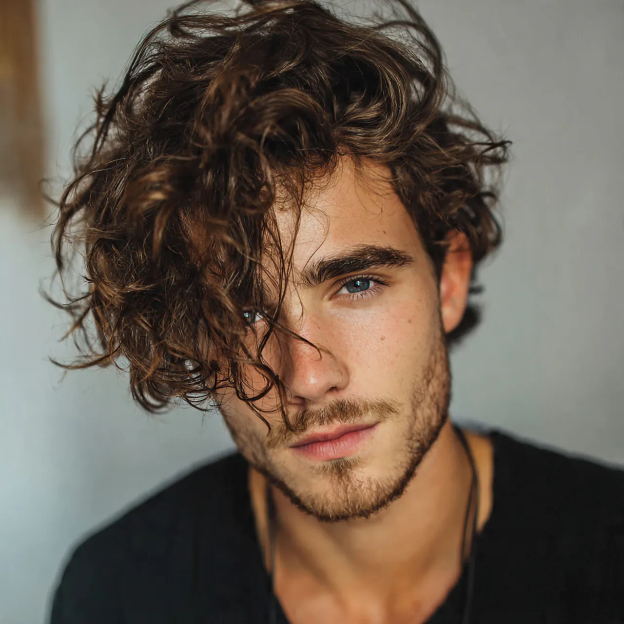 loose curly side part for men