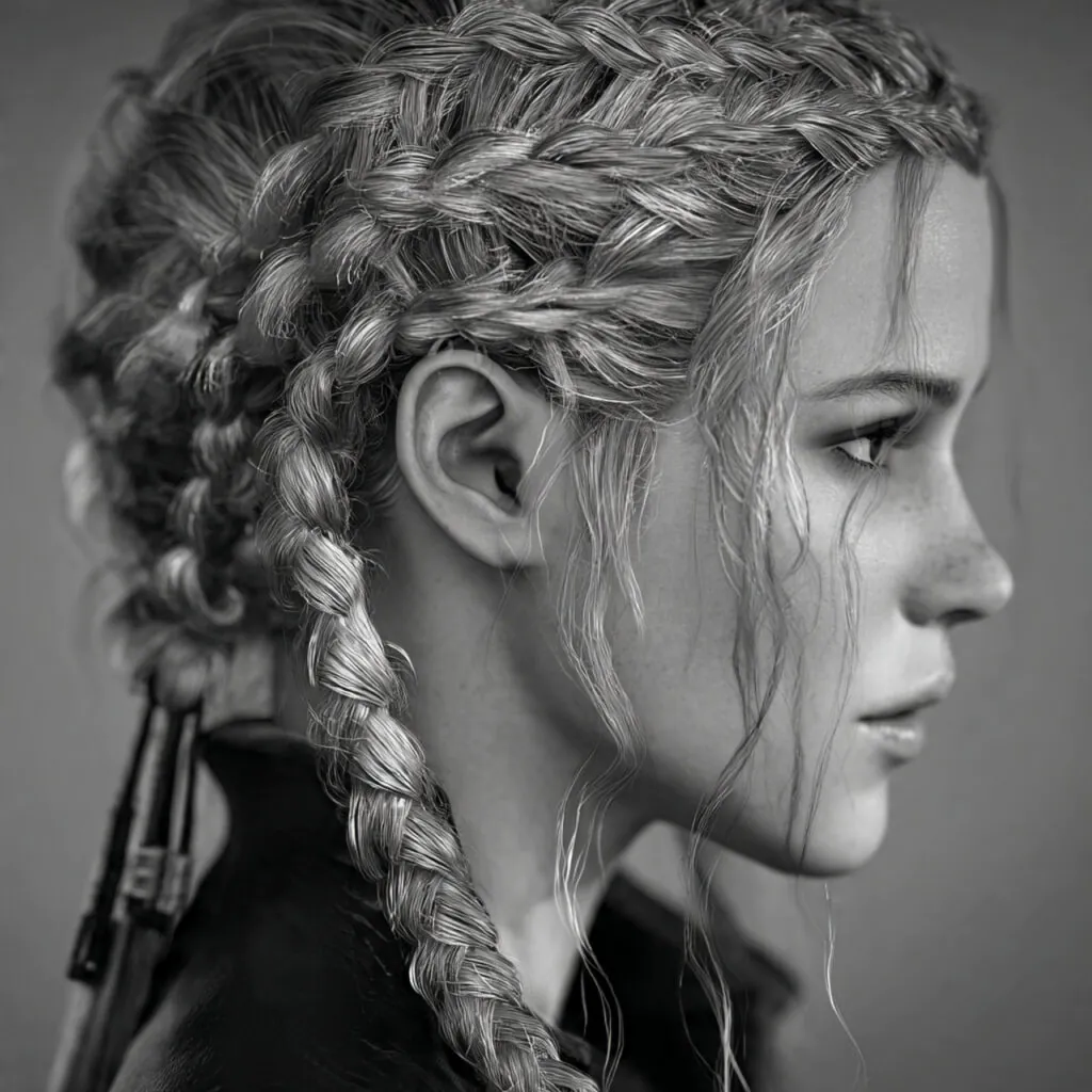 messy accent braids hairstyle single portrait deta