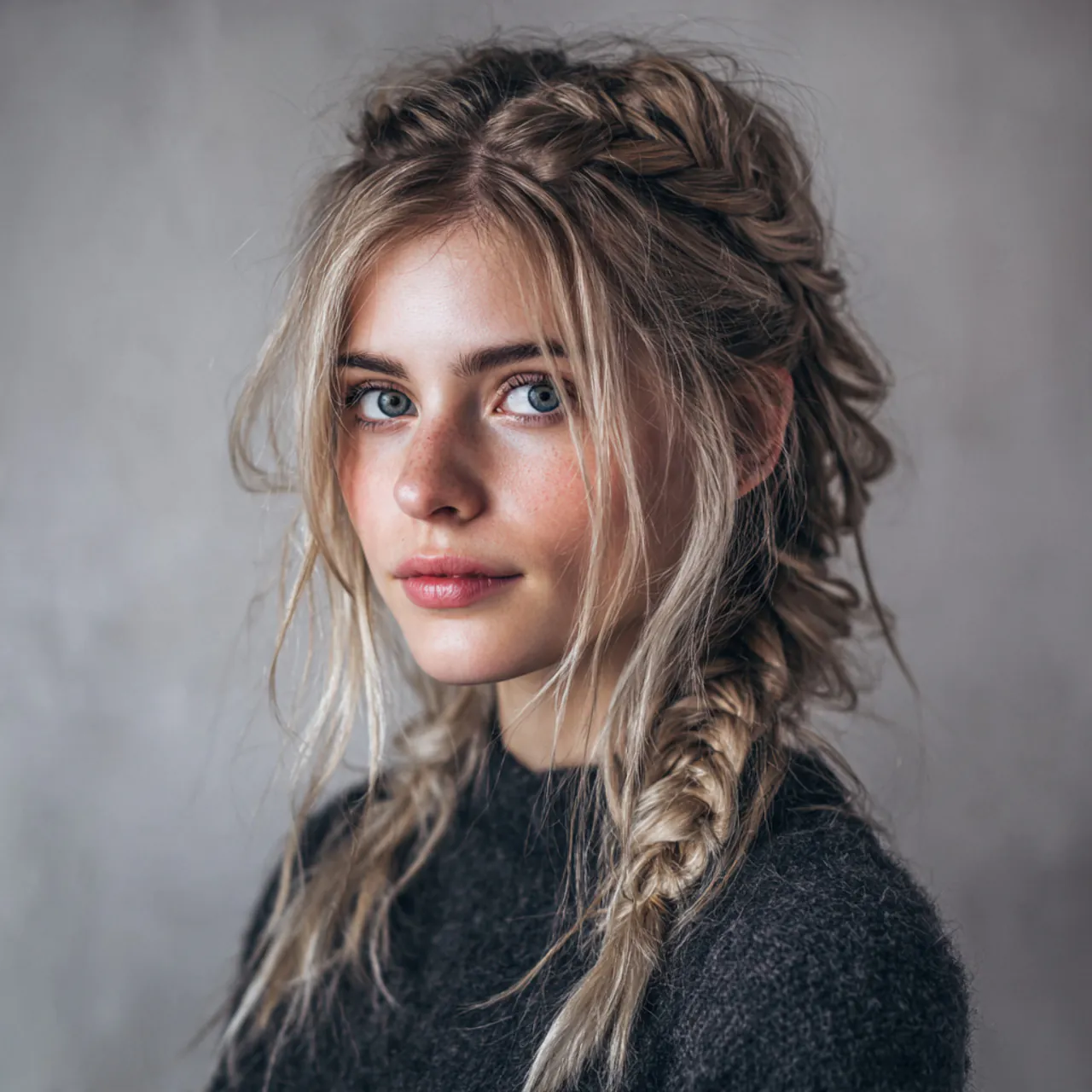 messy half up braided hairstyle single portrait sq