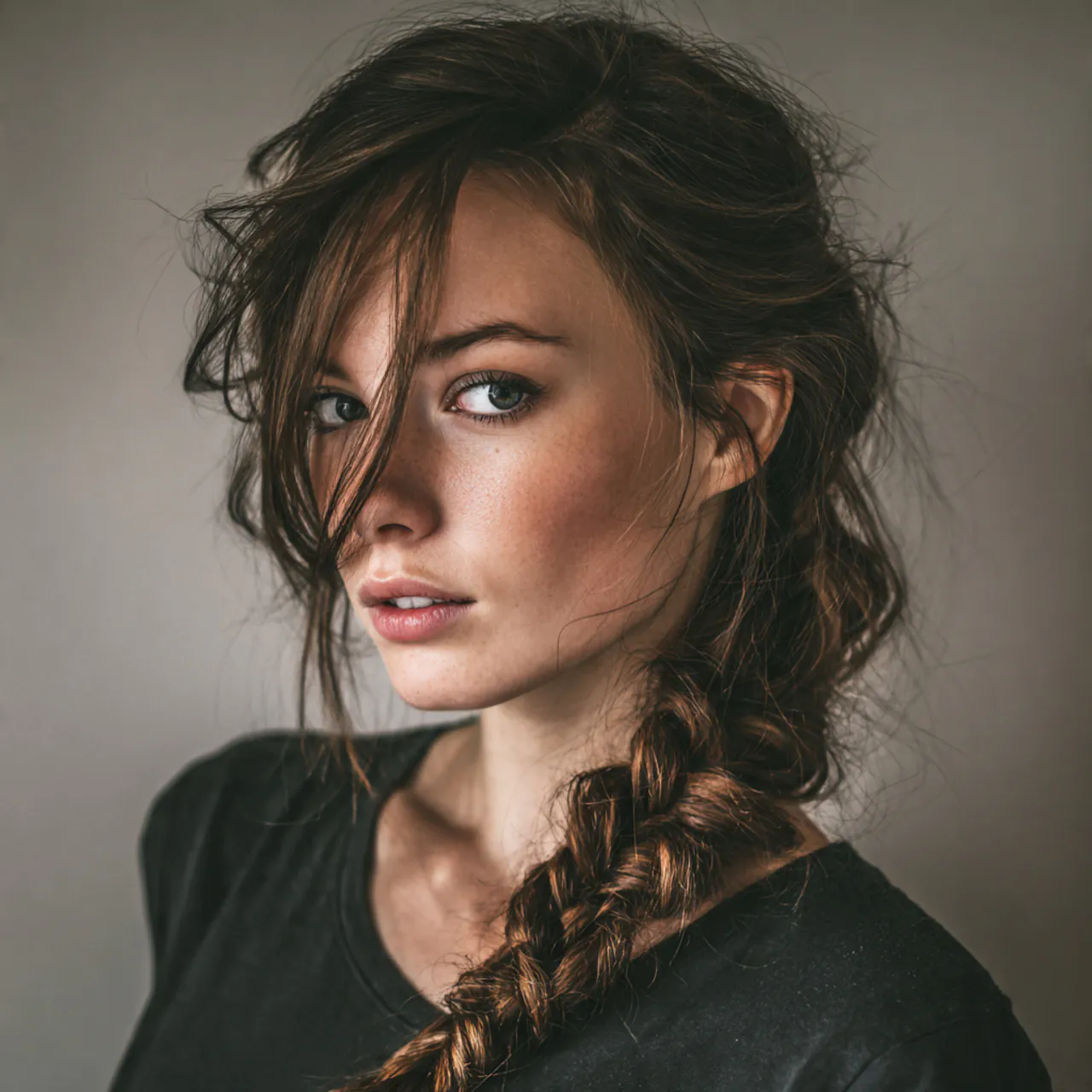 messy side braid hairstyle single portrait hair st