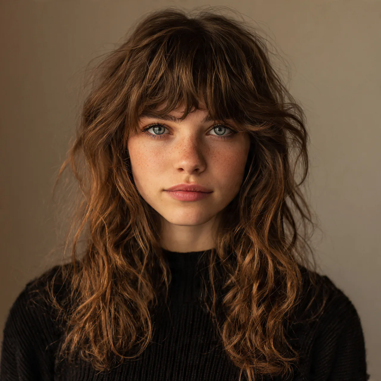 portrait of a woman with messy curtain bangs and w