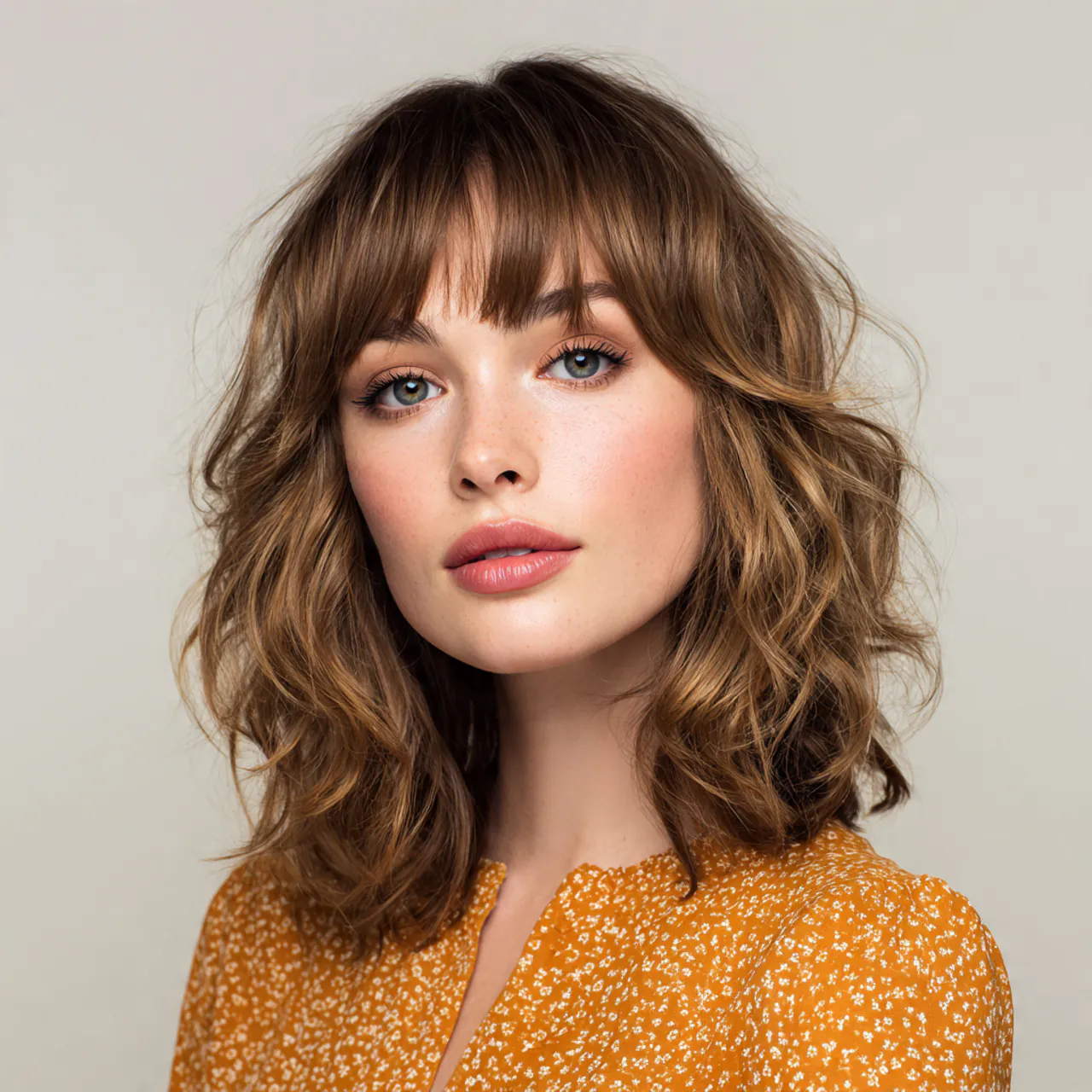 short curtain bangs wavy hair hairstyle shoulder l