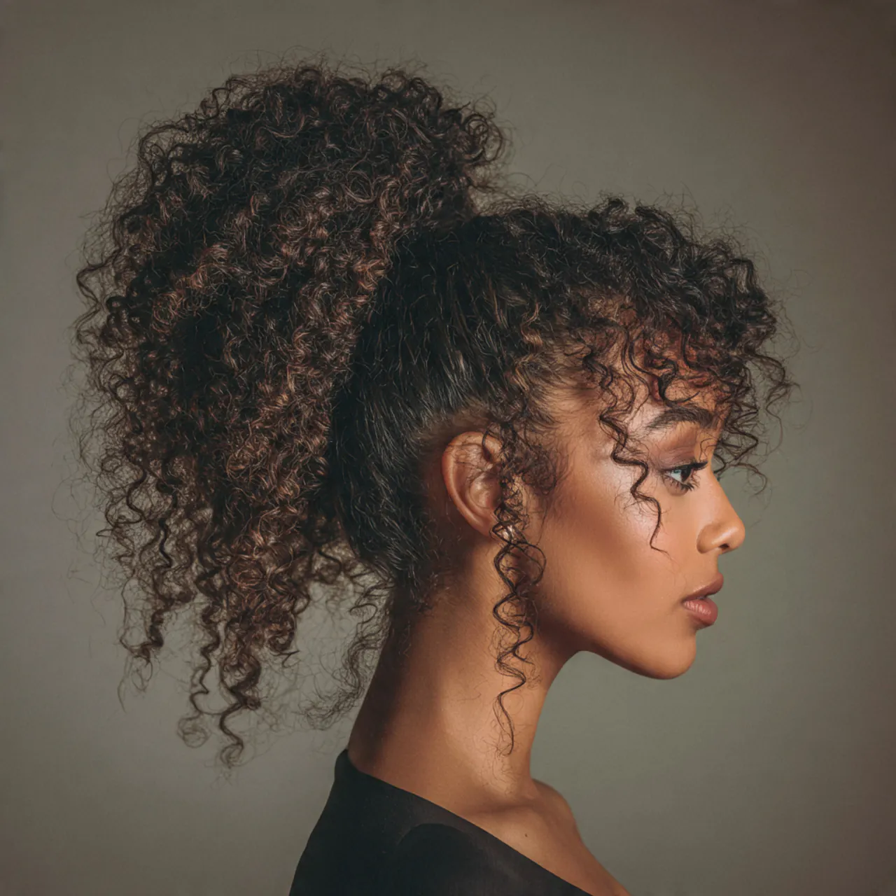 single curly puff ponytail hairstyle high volume n