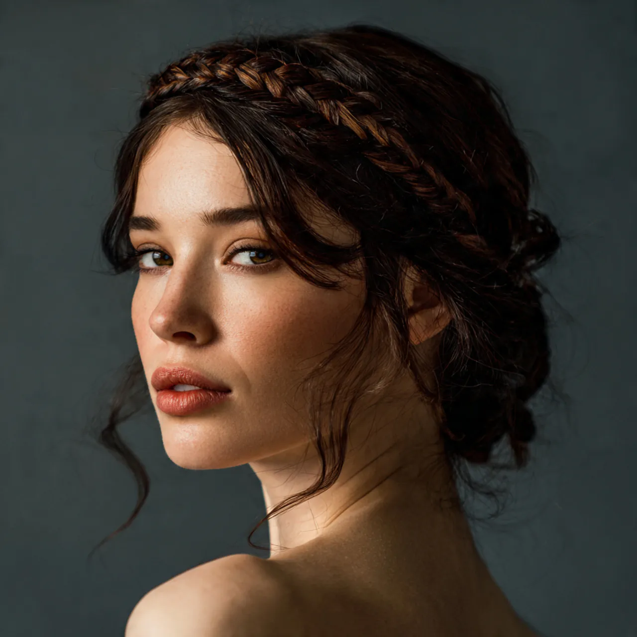 single photo of a woman with a braided headband ha