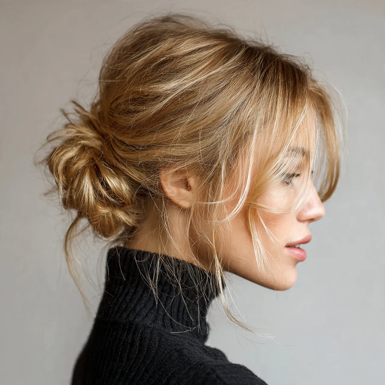 single photo of a woman with a low messy bun hairs