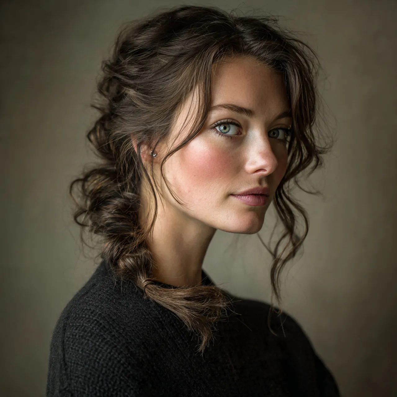 single photo of a woman with side braid and loose