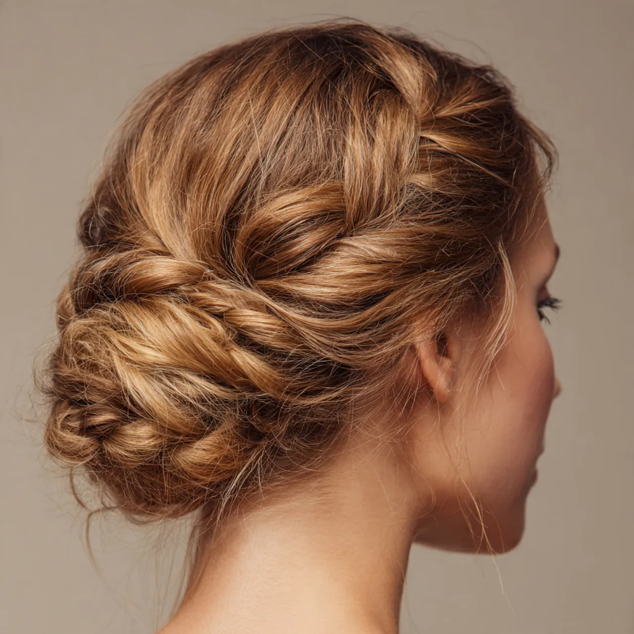 single photo of a womans messy braided bun hairsty