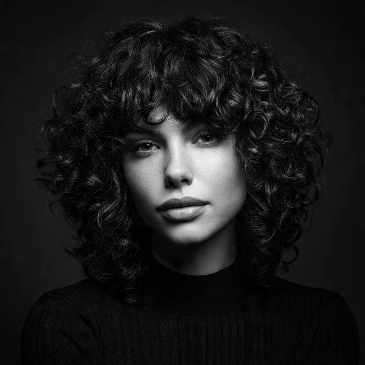 single portrait of a person with curly hair and ba 1