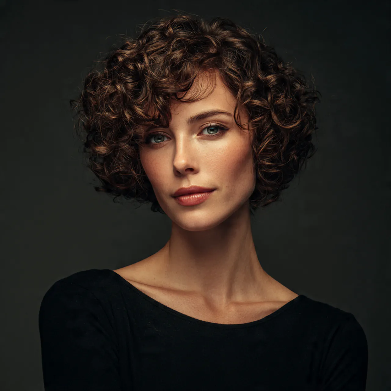 single portrait of a woman with curly hair styled